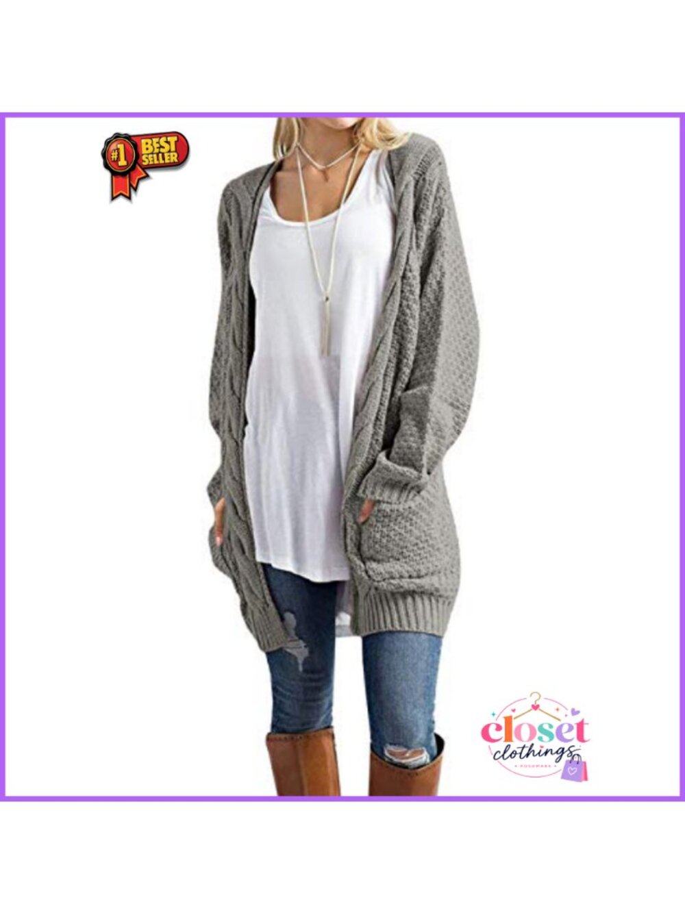 Chunky Cable Knit Open Front Long Sleeve Cardigan Sweater with Pockets